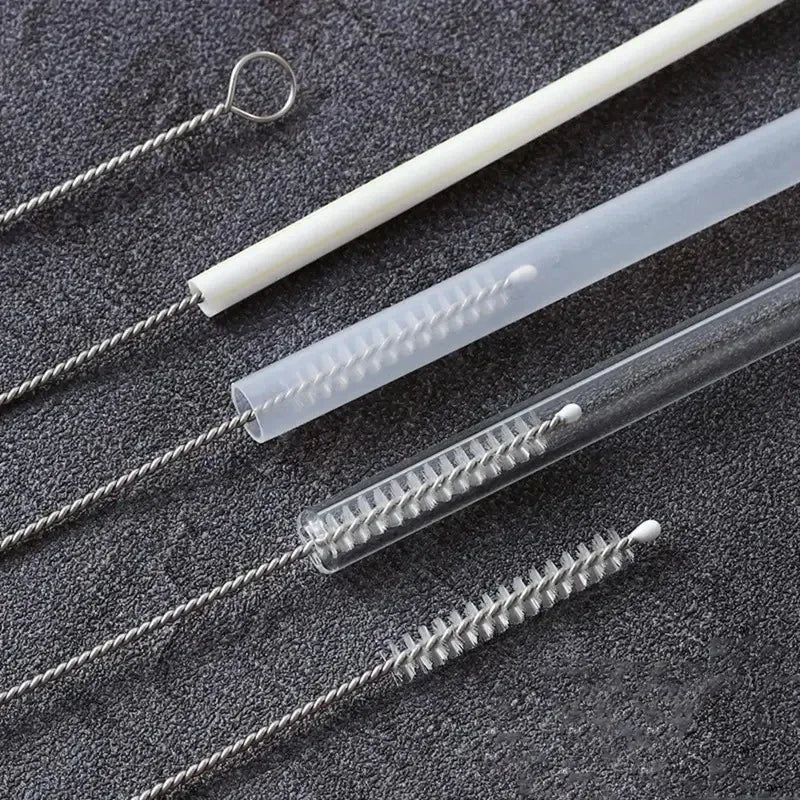 Straw cleaning brush kit for reusable tubes, pipes, baby cups, and bottles (nylon & stainless steel