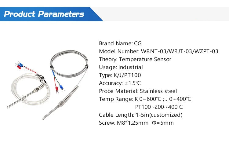 K type Thermocouple with Probe Screw Thread and Cable to Measure Temperature