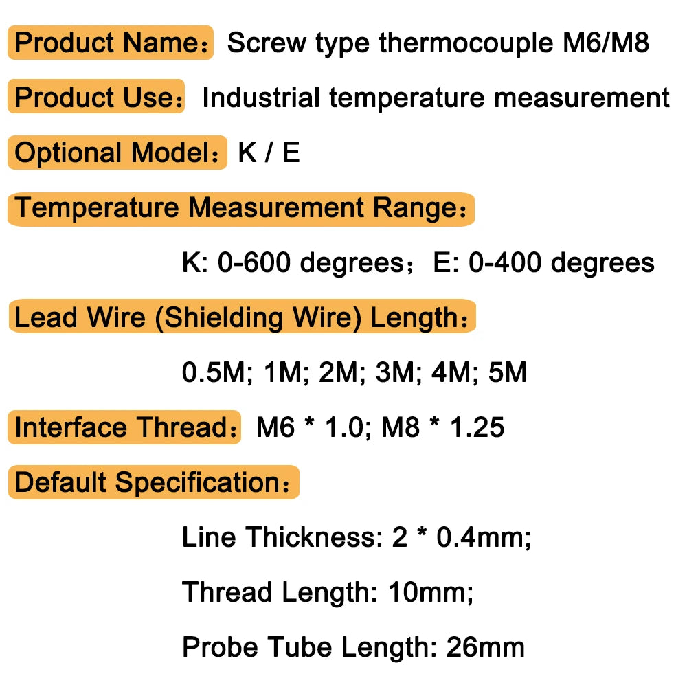 M6/M8 Threaded Temperature Sensor (K/E Type, 0.5-3M)
