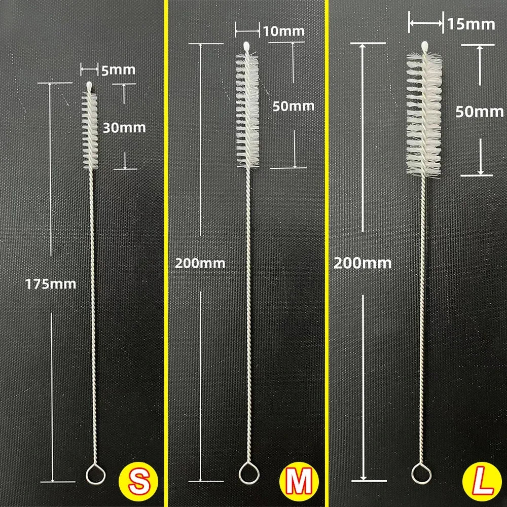 Straw cleaning brush kit for reusable tubes, pipes, baby cups, and bottles (nylon & stainless steel