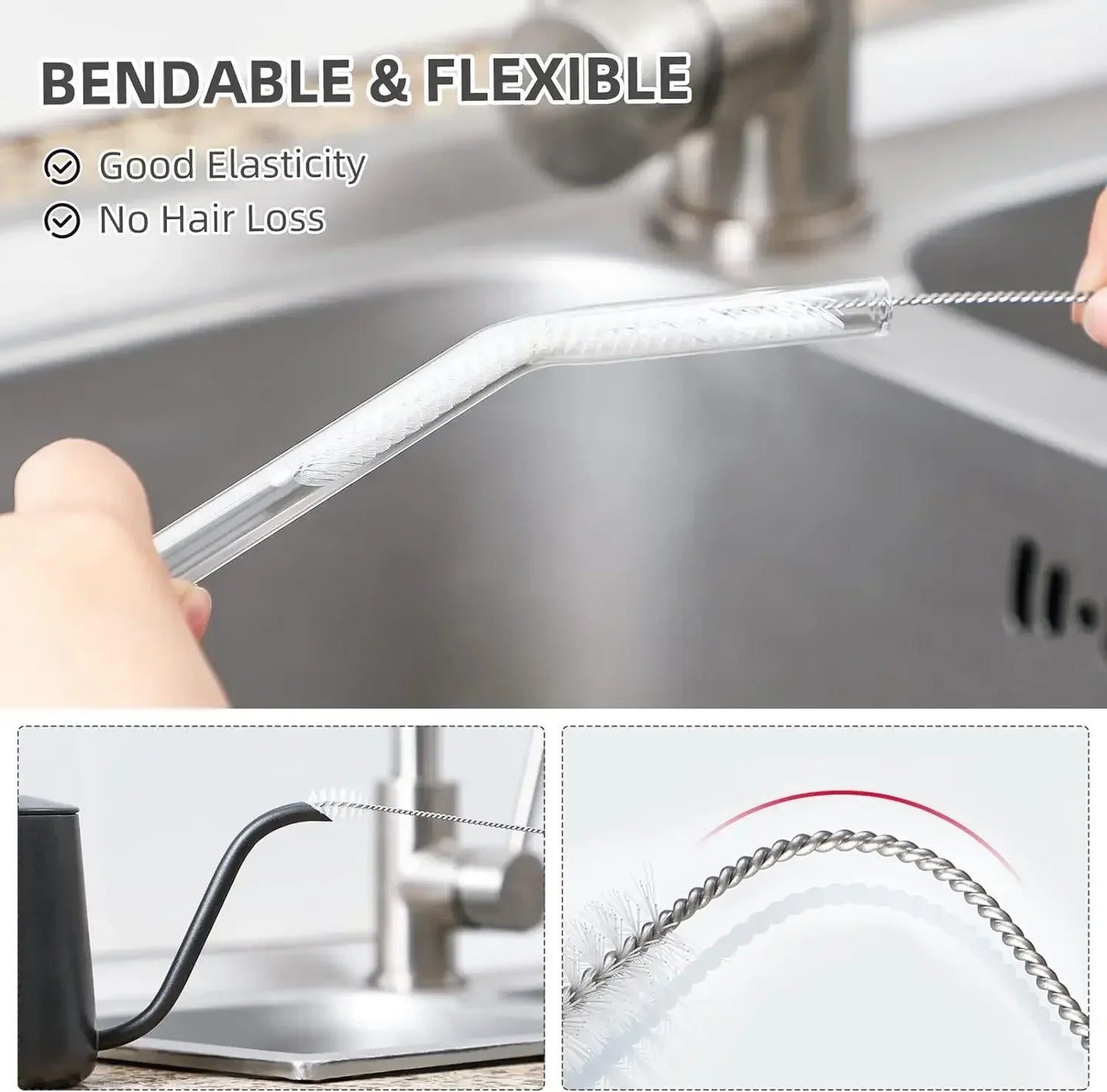 Straw cleaning brush kit for reusable tubes, pipes, baby cups, and bottles (nylon & stainless steel