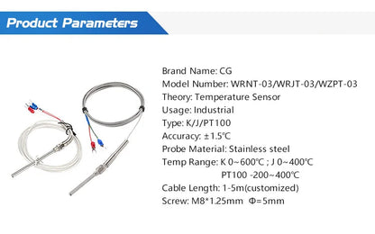 K type Thermocouple with Probe Screw Thread and Cable to Measure Temperature