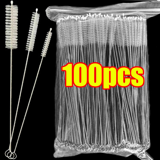 Straw cleaning brush kit for reusable tubes, pipes, baby cups, and bottles (nylon & stainless steel